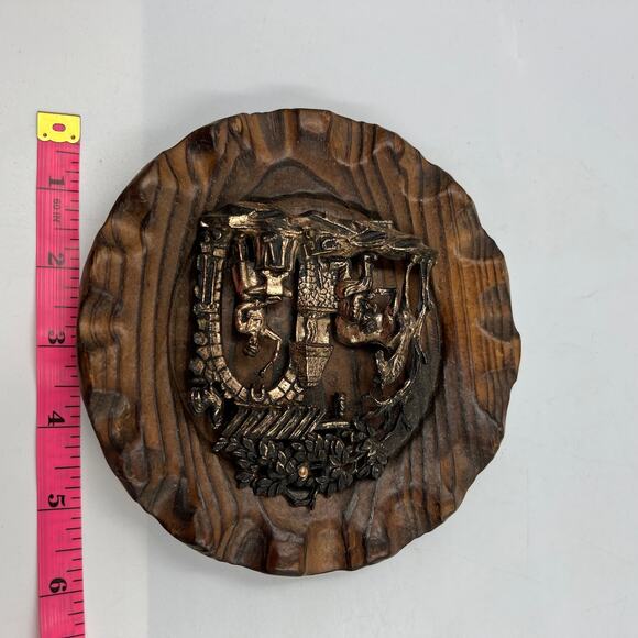 Vintage Wooden Carved Round Wall Hanging Decor Metal Copper Tone Blacksmith - Picture 7 of 8
